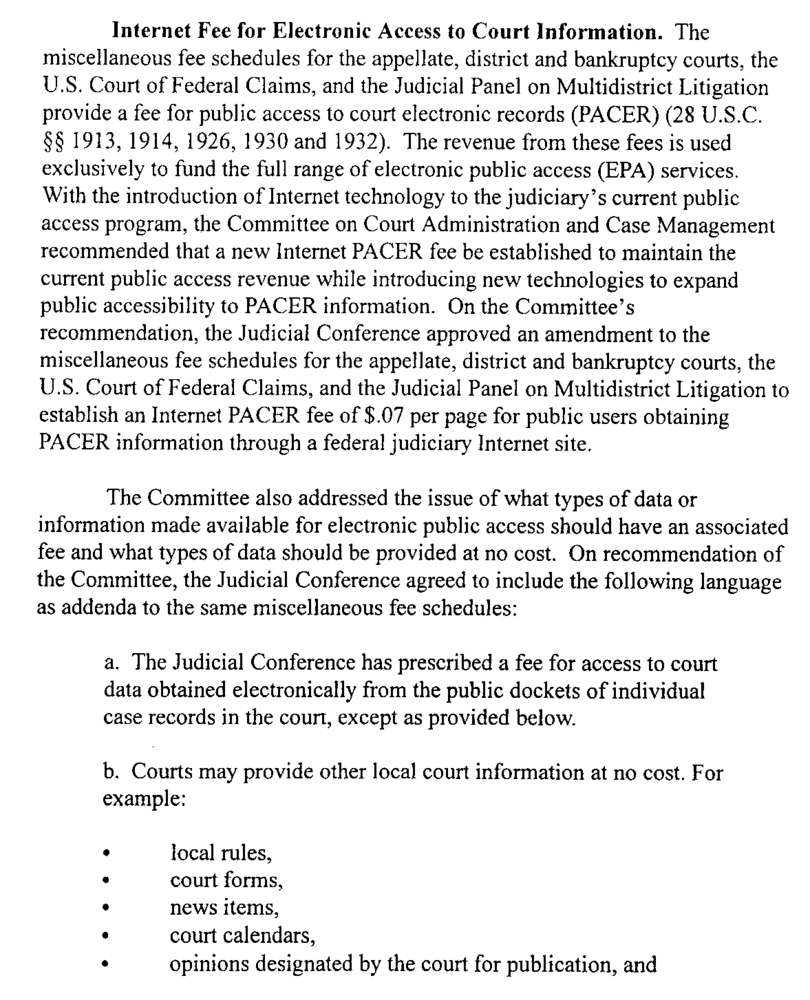 Screenshot of PACER fee changes